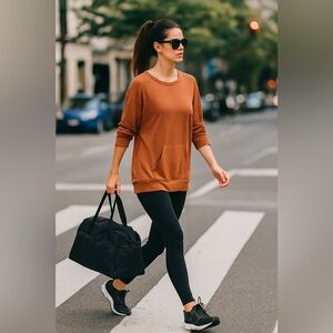 BOMBOM Soft Sz S Shirt Rust Kangaroo Pocket 3/4 Sleeve Core Neck Tunic Comfy